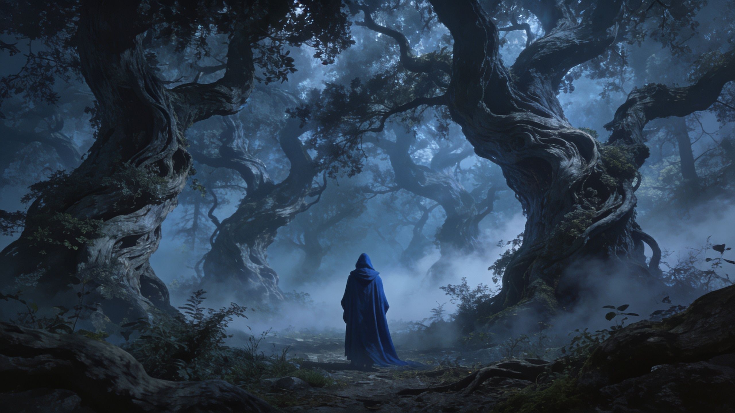 A solitary figure in a blue cloak stands in a mystical forest, surrounded by ancient, twisted trees and enveloped in a serene, foggy atmosphere. The scene conveys a sense of mystery and enchantment, with soft, diffused lighting enhancing the ethereal mood.