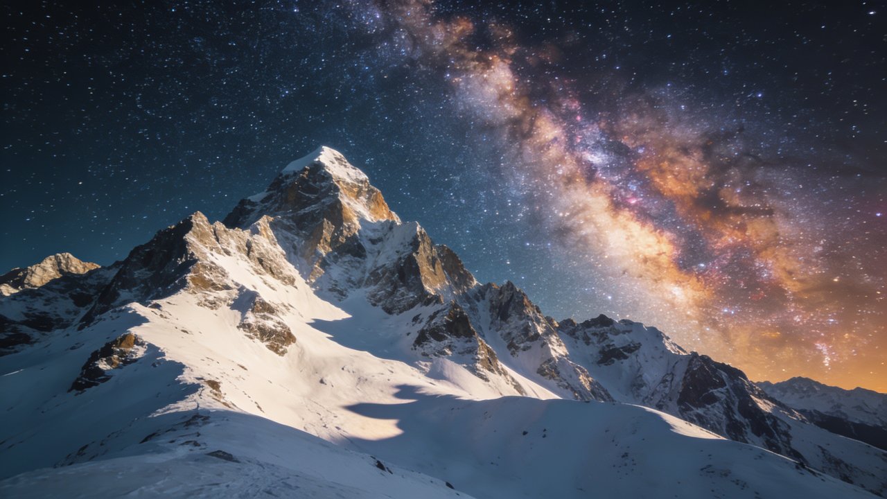 A majestic snow-covered mountain stands under a vast, starry night sky, with the Milky Way vividly stretching across the horizon, creating a serene and awe-inspiring atmosphere.