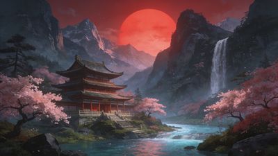 A traditional temple is nestled in a tranquil valley surrounded by cherry blossom trees, with a cascading waterfall and towering mountains under a vivid crimson sunset, creating a serene and peaceful atmosphere.