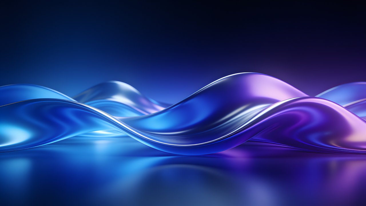 A dynamic digital artwork featuring smooth, flowing waves in vibrant blue and purple hues, set against a dark background, creating a tranquil and mesmerizing atmosphere.