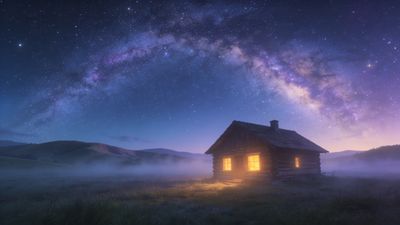 A cozy cabin with glowing windows sits in a misty meadow under a vast, starry night sky, with the Milky Way arching overhead, creating a serene and tranquil atmosphere.