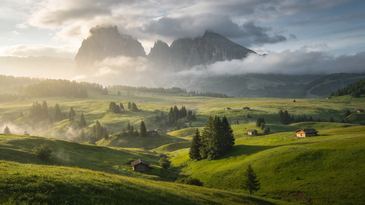 A serene mountain landscape features towering peaks shrouded in mist, with lush, rolling green hills dotted with small wooden cabins in the foreground, creating a tranquil and picturesque scene.