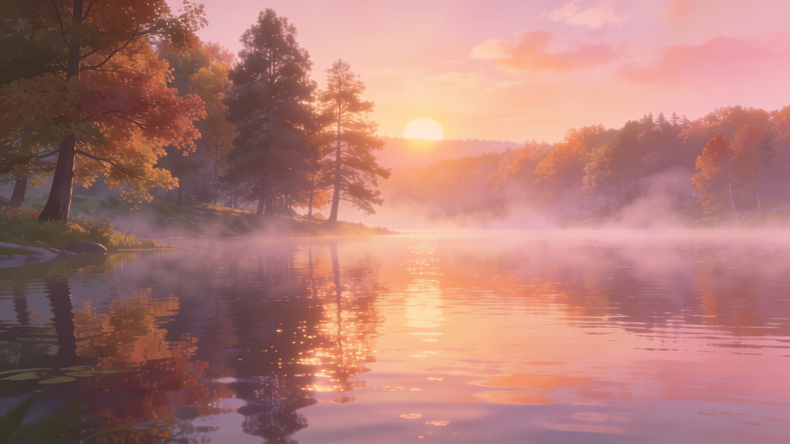 A tranquil autumn sunrise casts a warm glow over a misty lake, surrounded by trees with vibrant fall foliage, creating a serene and peaceful atmosphere.