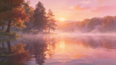 A tranquil autumn sunrise casts a warm glow over a misty lake, surrounded by trees with vibrant fall foliage, creating a serene and peaceful atmosphere.