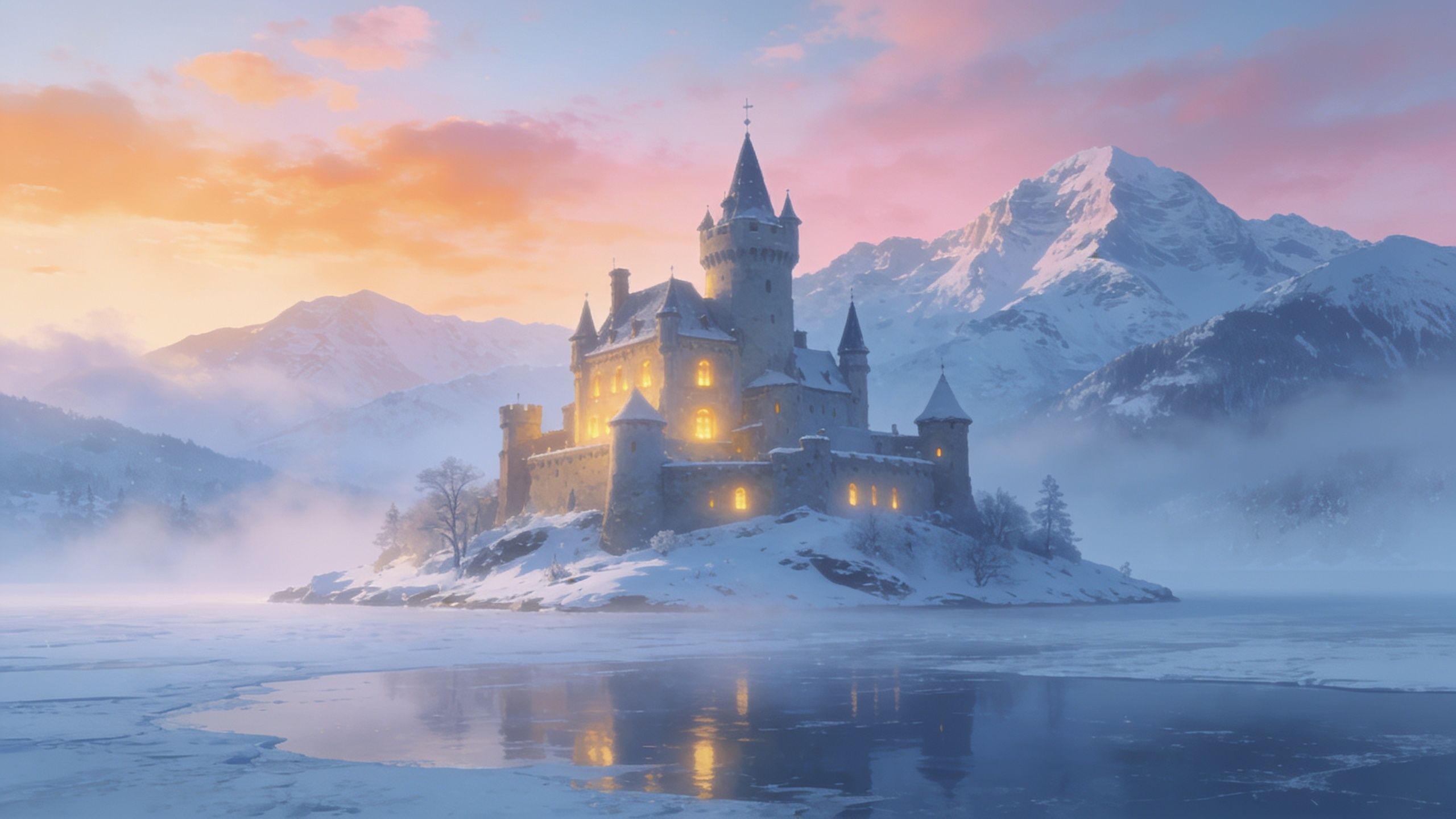 A majestic castle sits atop a snowy island surrounded by a frozen lake, illuminated warmly against a backdrop of snow-covered mountains and a soft, pastel-colored sky, evoking a serene and magical winter wonderland.