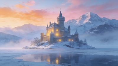 A majestic castle sits atop a snowy island surrounded by a frozen lake, illuminated warmly against a backdrop of snow-covered mountains and a soft, pastel-colored sky, evoking a serene and magical winter wonderland.