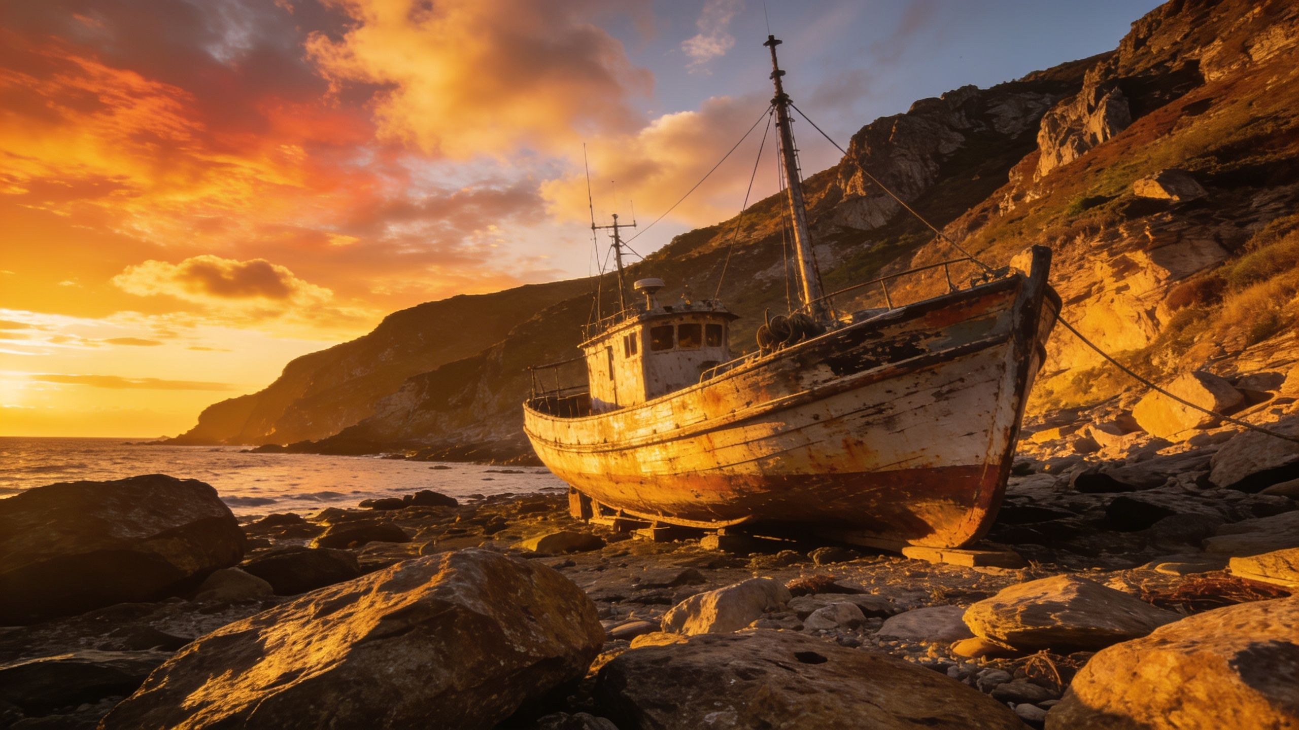 A weathered, rustic boat rests on a rocky shore, illuminated by the warm, golden hues of a sunset, with rugged cliffs and a tranquil sea in the background, creating a serene and nostalgic atmosphere.