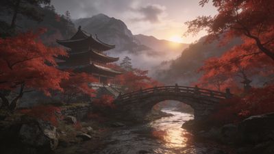 A tranquil temple nestled in misty mountains is surrounded by vibrant red autumn foliage, with a stone bridge arching over a gently flowing stream, creating a serene and peaceful atmosphere.