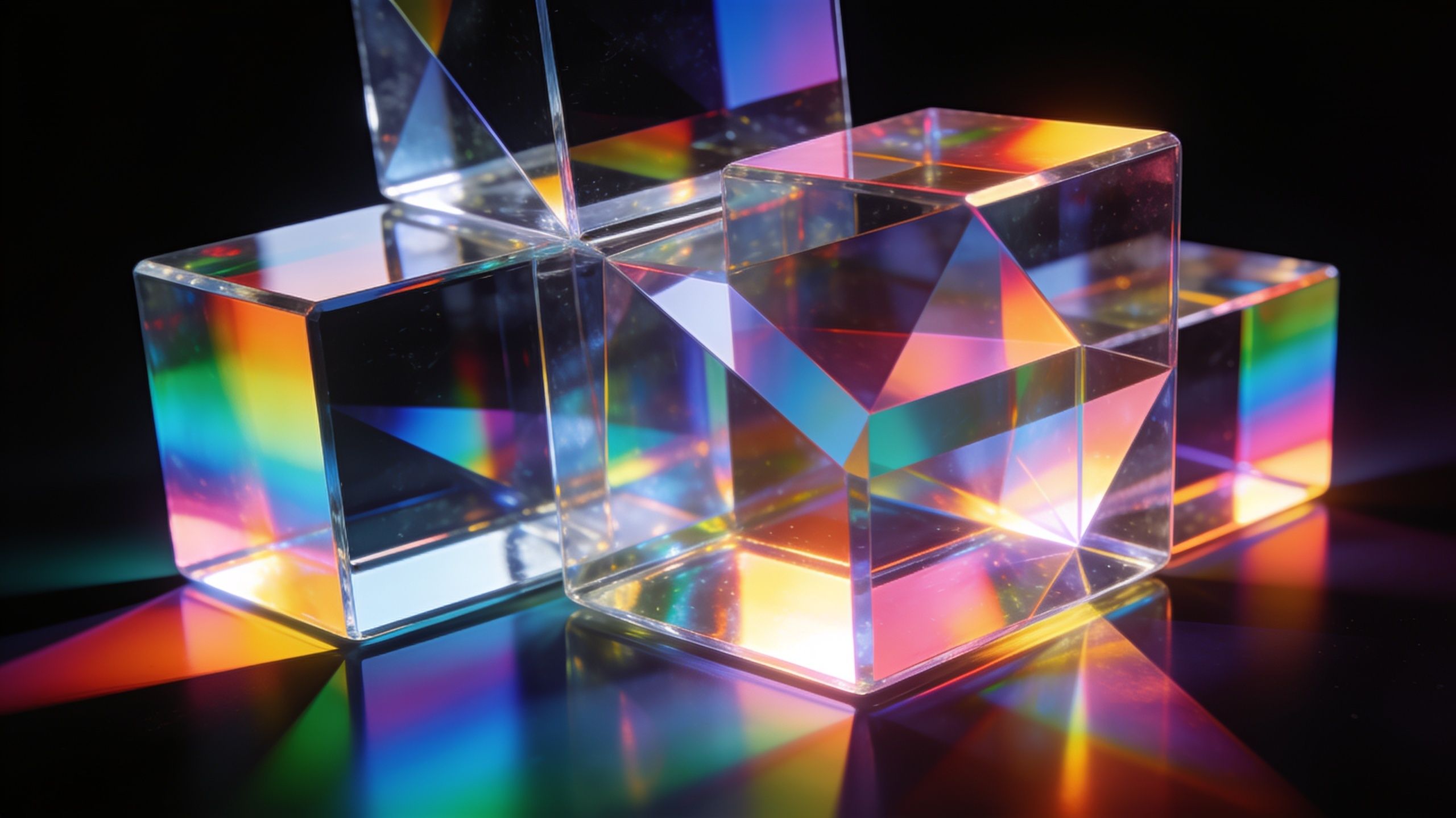 A cluster of transparent glass cubes reflects vibrant prismatic colors against a dark background, creating a dynamic and mesmerizing visual effect. The mood is futuristic and captivating, with bright hues of red, blue, green, and yellow illuminating the scene.