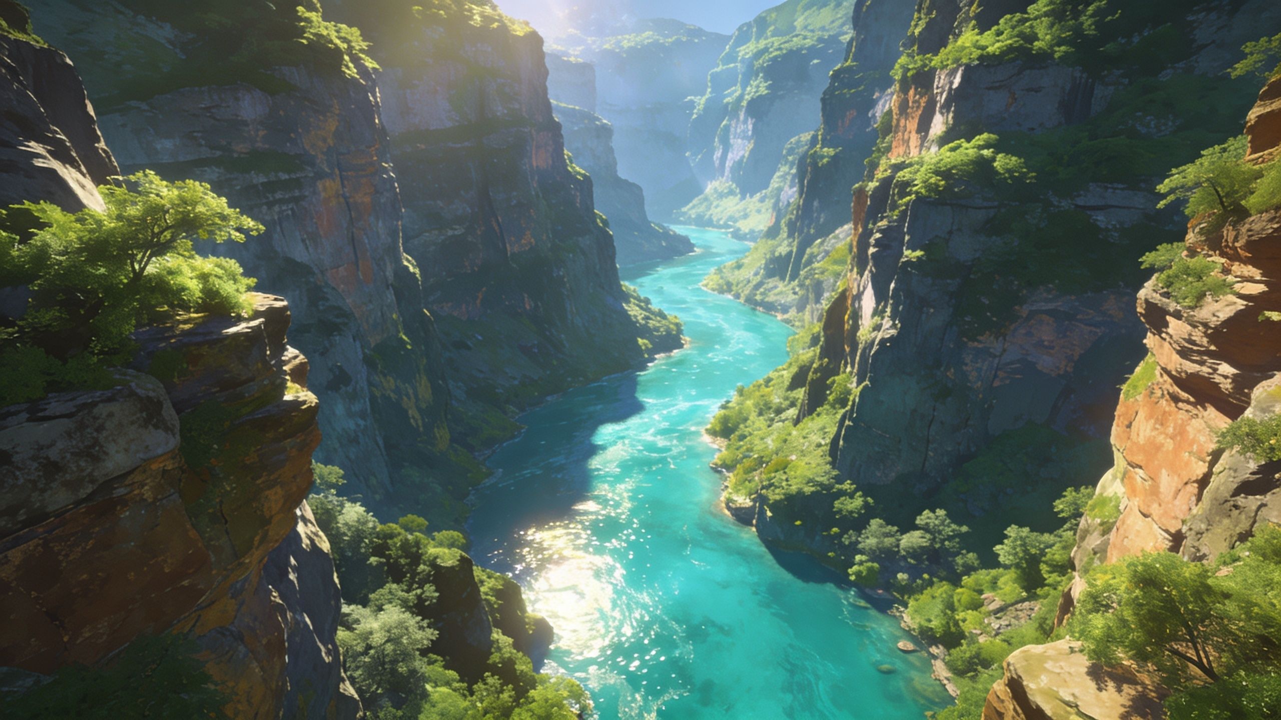 A breathtaking view of a majestic canyon with steep, rocky cliffs covered in lush greenery, framing a vibrant turquoise river that winds through the landscape, creating a serene and awe-inspiring atmosphere.