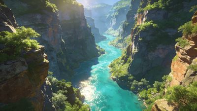 A breathtaking view of a majestic canyon with steep, rocky cliffs covered in lush greenery, framing a vibrant turquoise river that winds through the landscape, creating a serene and awe-inspiring atmosphere.