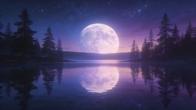A large, luminous moon casts a gentle glow over a tranquil lake, surrounded by silhouetted pine trees under a starry night sky, creating a serene and peaceful atmosphere.