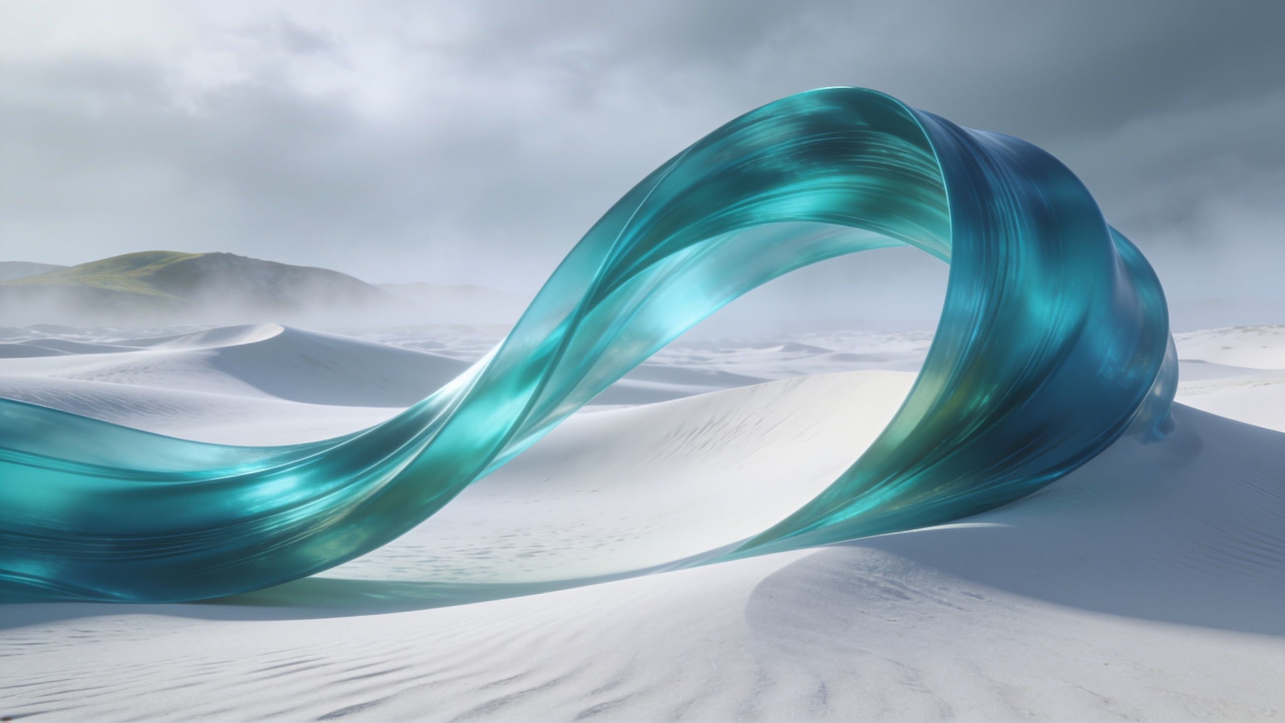 A tranquil desert landscape features smooth, white sand dunes under a cloudy sky, with a flowing, translucent blue ribbon gracefully arching through the scene, creating a serene and ethereal atmosphere.