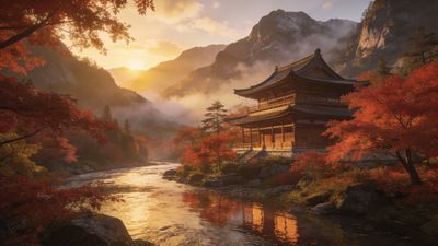 A tranquil autumn scene features a traditional temple by a gently flowing river, surrounded by vibrant red and orange foliage, with misty mountains in the background under a warm, golden sunset.
