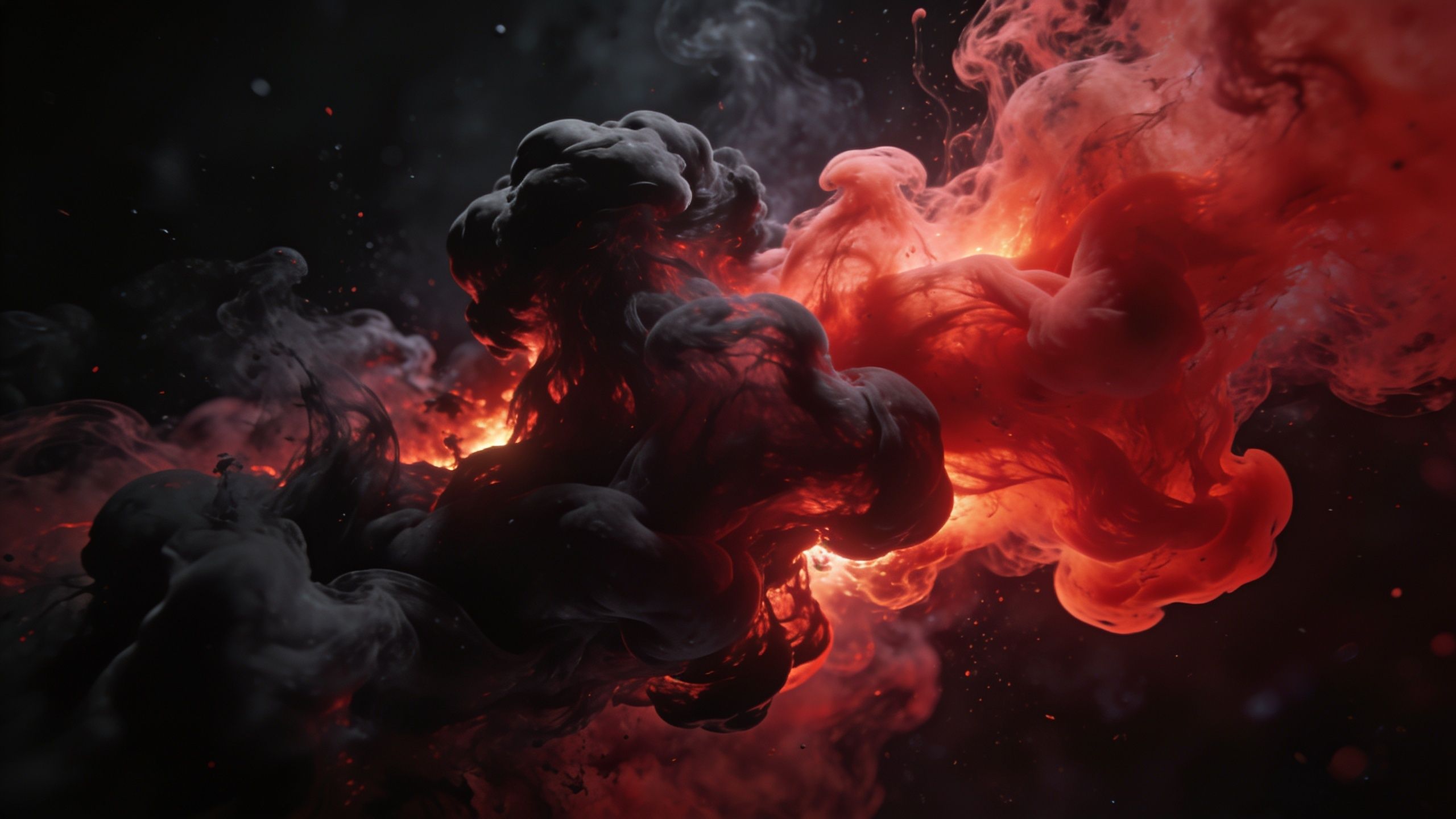 An abstract art wallpaper featuring swirling clouds of fiery red and dark smoke, creating a dynamic and intense visual effect against a dark background, evoking a sense of energy and mystery.