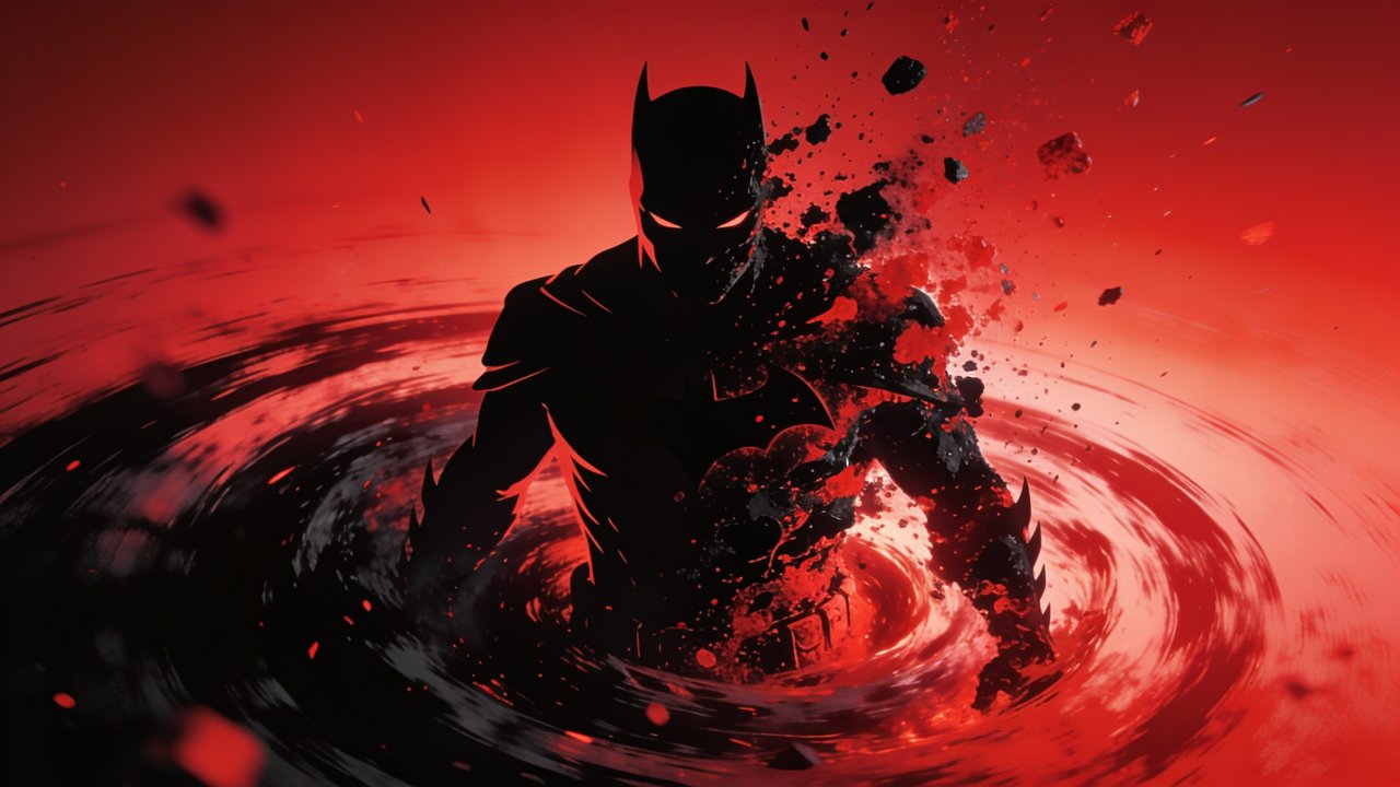 A dark, silhouetted hero with glowing eyes emerges from a swirling, fiery abyss, surrounded by dynamic red and black energy, creating an intense and dramatic atmosphere.