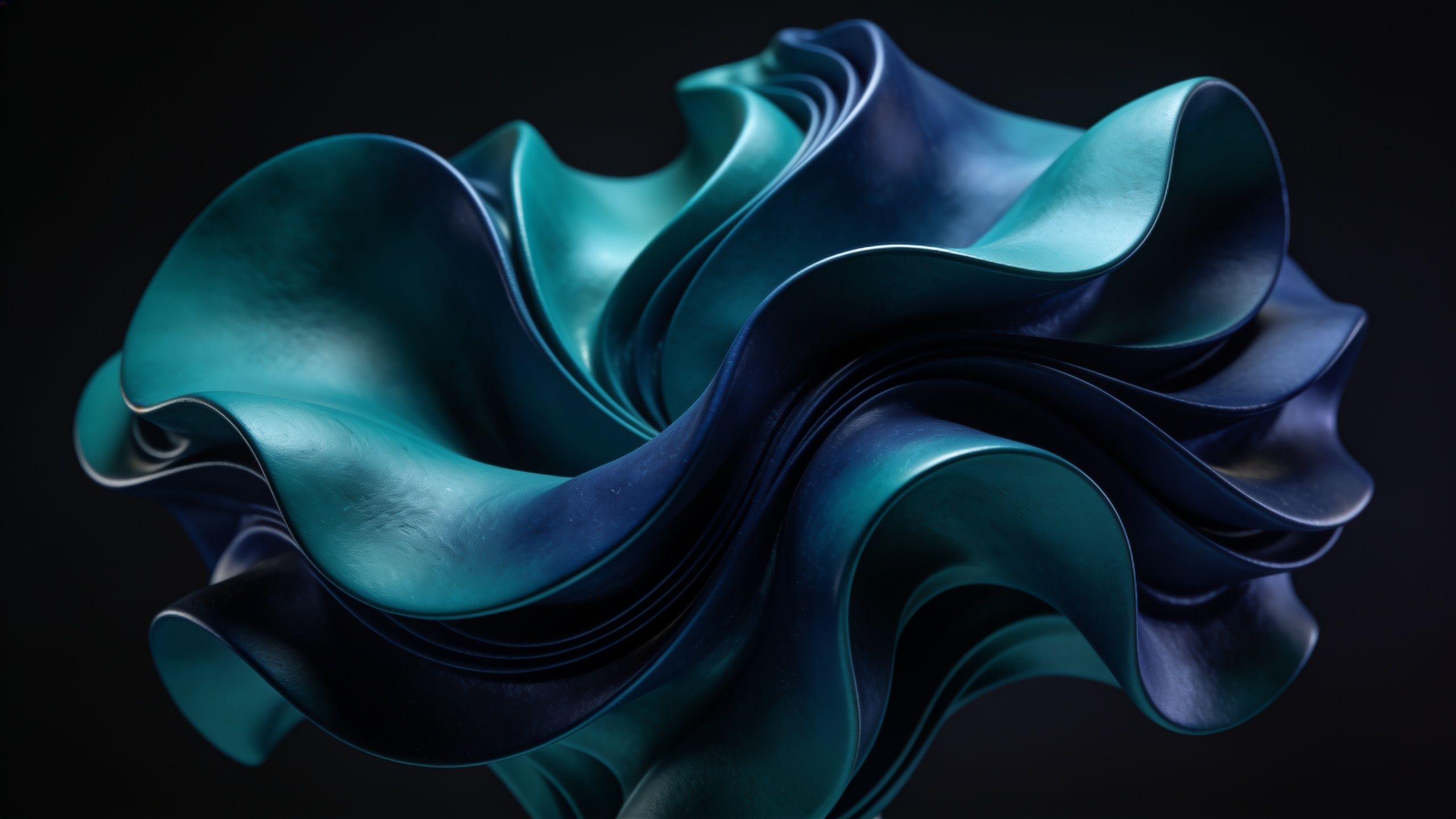 The wallpaper features abstract waves in elegant shades of blue and teal, creating a fluid and serene design against a dark background, evoking a sense of calm and sophistication.