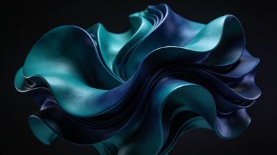 The wallpaper features abstract waves in elegant shades of blue and teal, creating a fluid and serene design against a dark background, evoking a sense of calm and sophistication.