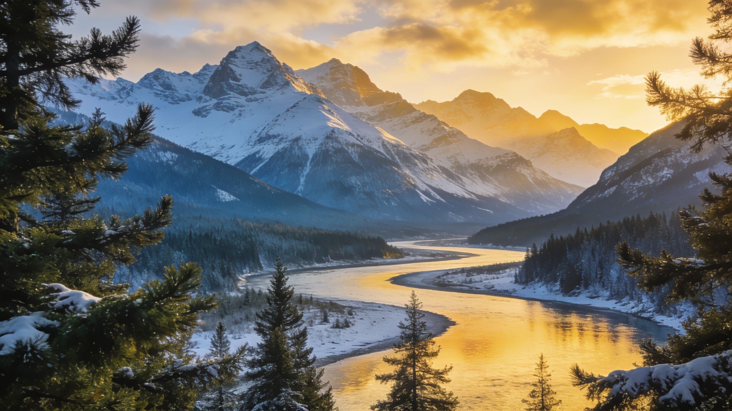 A golden sunrise casts a warm glow over a snowy mountain landscape, illuminating a winding river flanked by snow-covered trees and rugged peaks, creating a serene and majestic atmosphere.