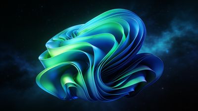 A vibrant, abstract swirl of blue and green hues floats against a dark cosmic background, evoking a sense of dynamic movement and otherworldly mystery.