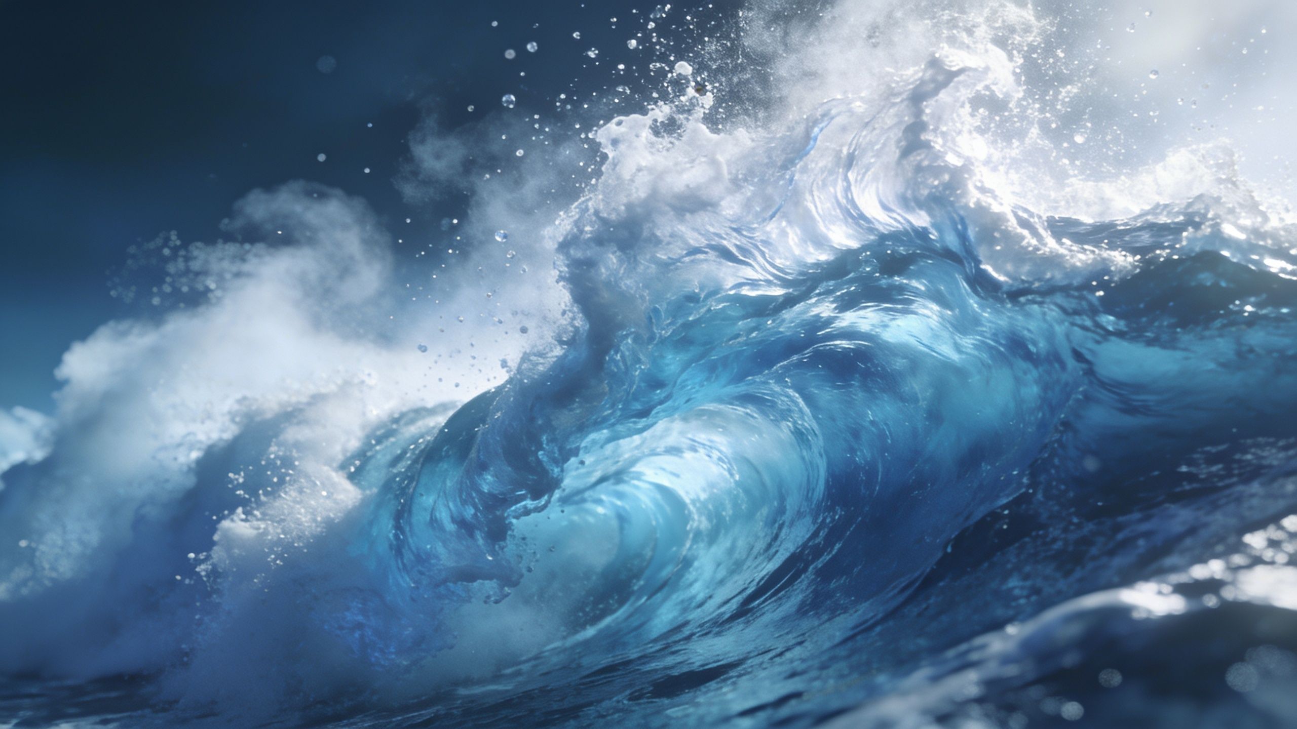 A dynamic scene of powerful ocean waves crashing and curling, illuminated by soft sunlight, creating a sense of movement and energy against a deep blue sky. The image captures the raw beauty and majesty of the sea, evoking a feeling of awe and tranquility.
