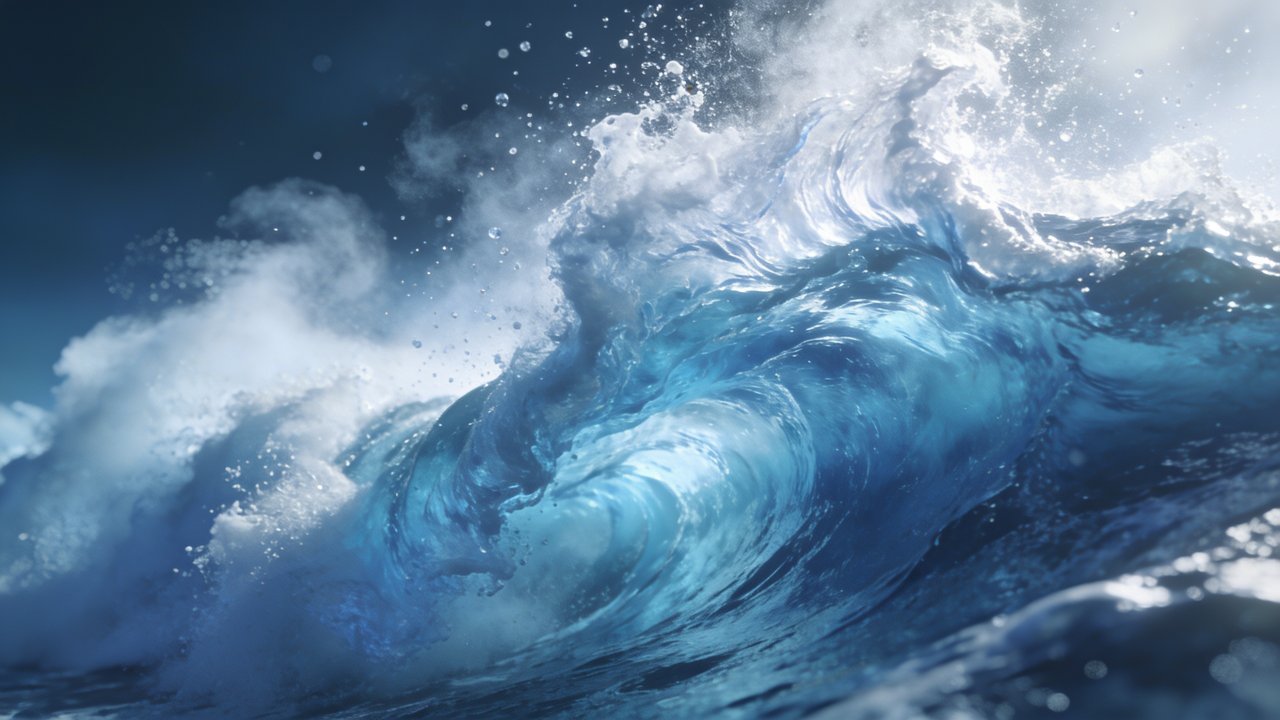 A dynamic scene of powerful ocean waves crashing and curling, illuminated by soft sunlight, creating a sense of movement and energy against a deep blue sky. The image captures the raw beauty and majesty of the sea, evoking a feeling of awe and tranquility.