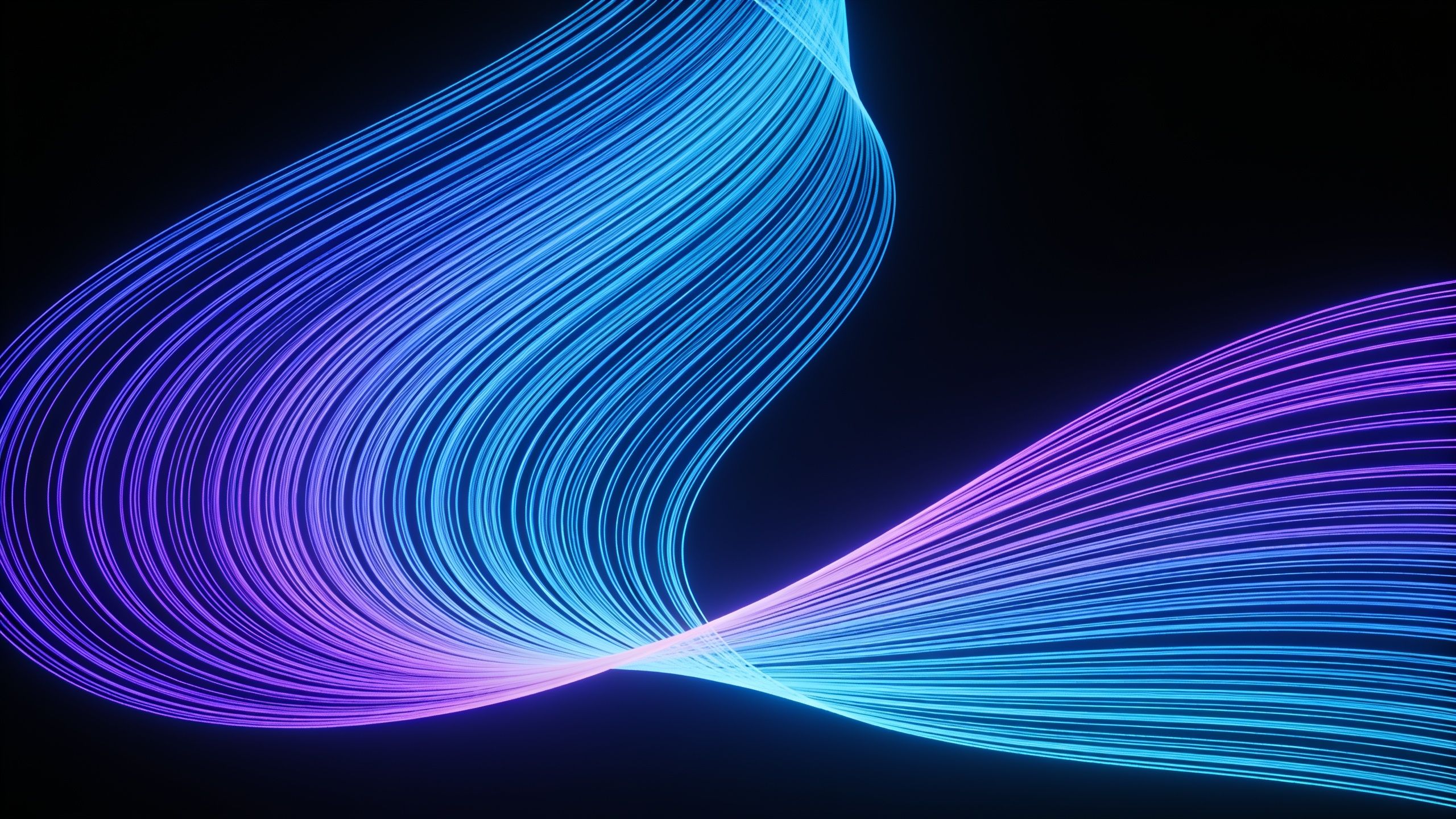 Vibrant neon waves in shades of blue and purple gracefully flow across a dark background, creating a dynamic and energetic mood. The interplay of colors and curves evokes a sense of movement and modernity.