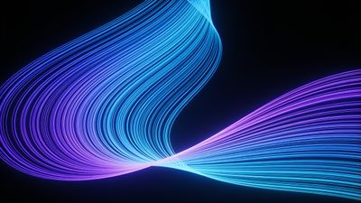 Vibrant neon waves in shades of blue and purple gracefully flow across a dark background, creating a dynamic and energetic mood. The interplay of colors and curves evokes a sense of movement and modernity.