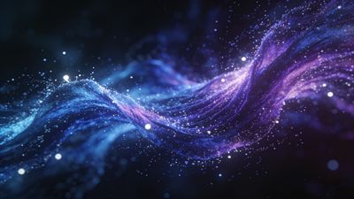 A swirling wave of blue and purple stardust glows against a dark cosmic background, creating a mystical and ethereal atmosphere. The scene is filled with tiny sparkling particles, evoking a sense of wonder and the vastness of space.