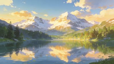 A tranquil mountain lake reflects the snow-capped peaks and surrounding forest, bathed in the warm, golden light of sunrise, creating a serene and peaceful atmosphere.