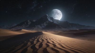 A serene desert landscape is illuminated by a bright full moon, casting gentle shadows over the undulating sand dunes, with a backdrop of a starry night sky and distant mountains enhancing the tranquil and mystical atmosphere.