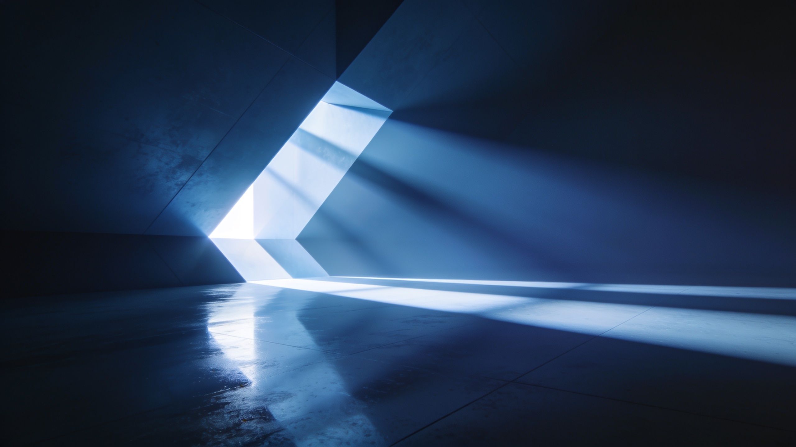 A minimalist interior space is illuminated by beams of light streaming through a geometric opening, casting sharp shadows on the smooth, reflective floor, creating a serene and contemplative atmosphere.
