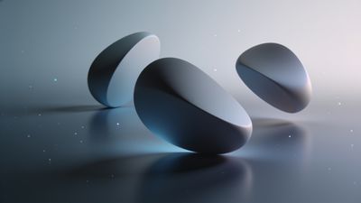 Futuristic, smooth, oval shapes float against a soft, gradient background of blues and grays, creating a serene and otherworldly atmosphere with subtle sparkles resembling distant stars.