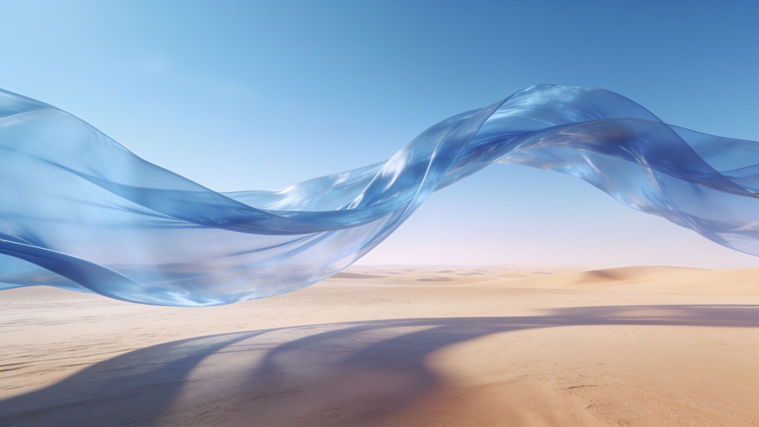 A translucent blue veil gracefully floats over serene desert dunes under a clear blue sky, creating a tranquil and ethereal atmosphere.
