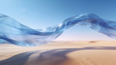 A translucent blue veil gracefully floats over serene desert dunes under a clear blue sky, creating a tranquil and ethereal atmosphere.