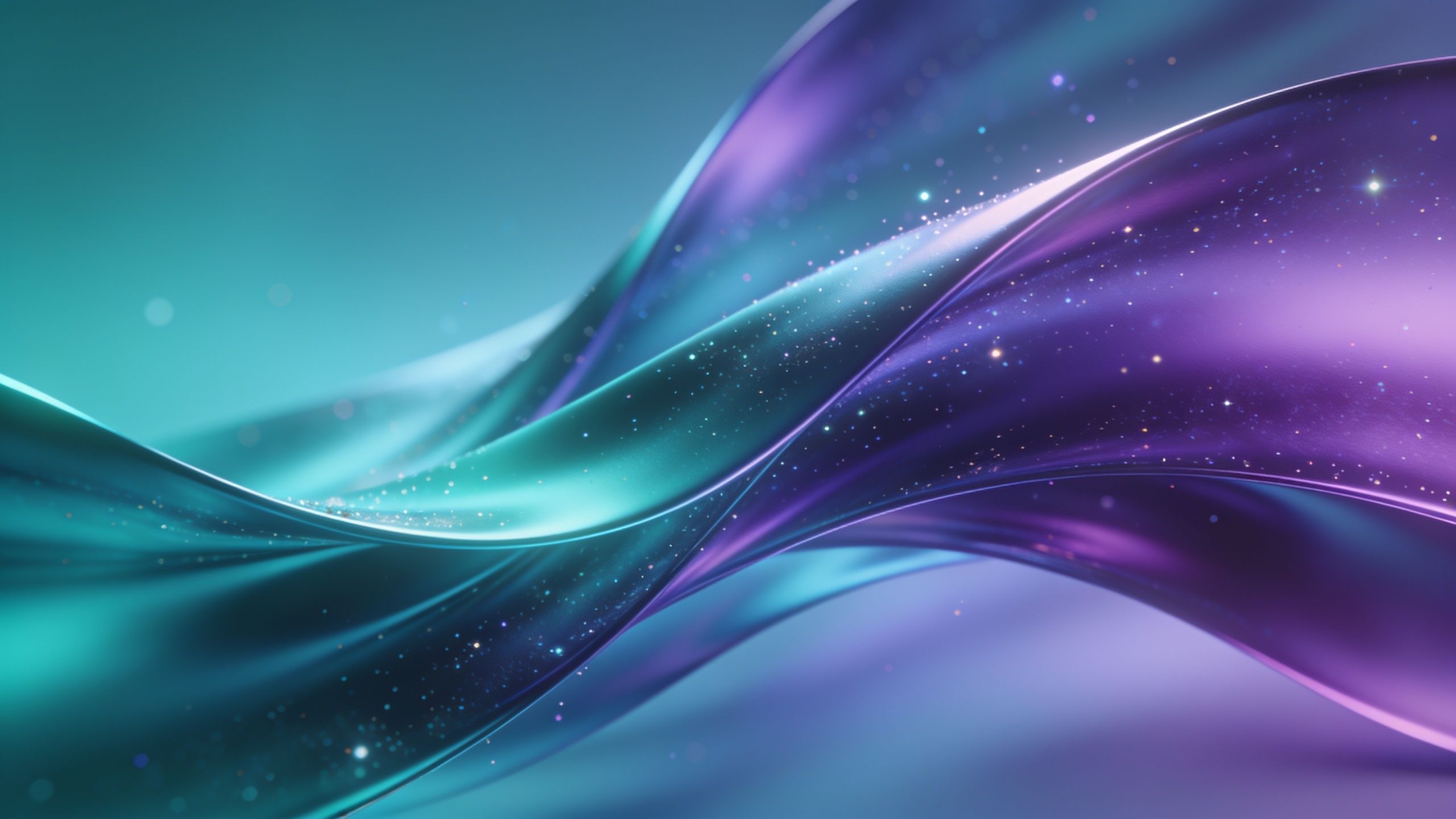 A flowing abstract design featuring ethereal waves of purple and teal, intertwined with shimmering particles, creating a serene and otherworldly atmosphere.
