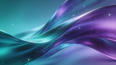 A flowing abstract design featuring ethereal waves of purple and teal, intertwined with shimmering particles, creating a serene and otherworldly atmosphere.