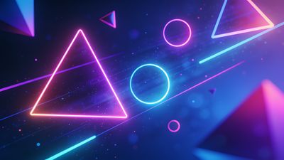 A dynamic wallpaper featuring vibrant neon geometric shapes, including triangles and circles, set against a dark background with glowing lines and particles, creating a futuristic and energetic mood.