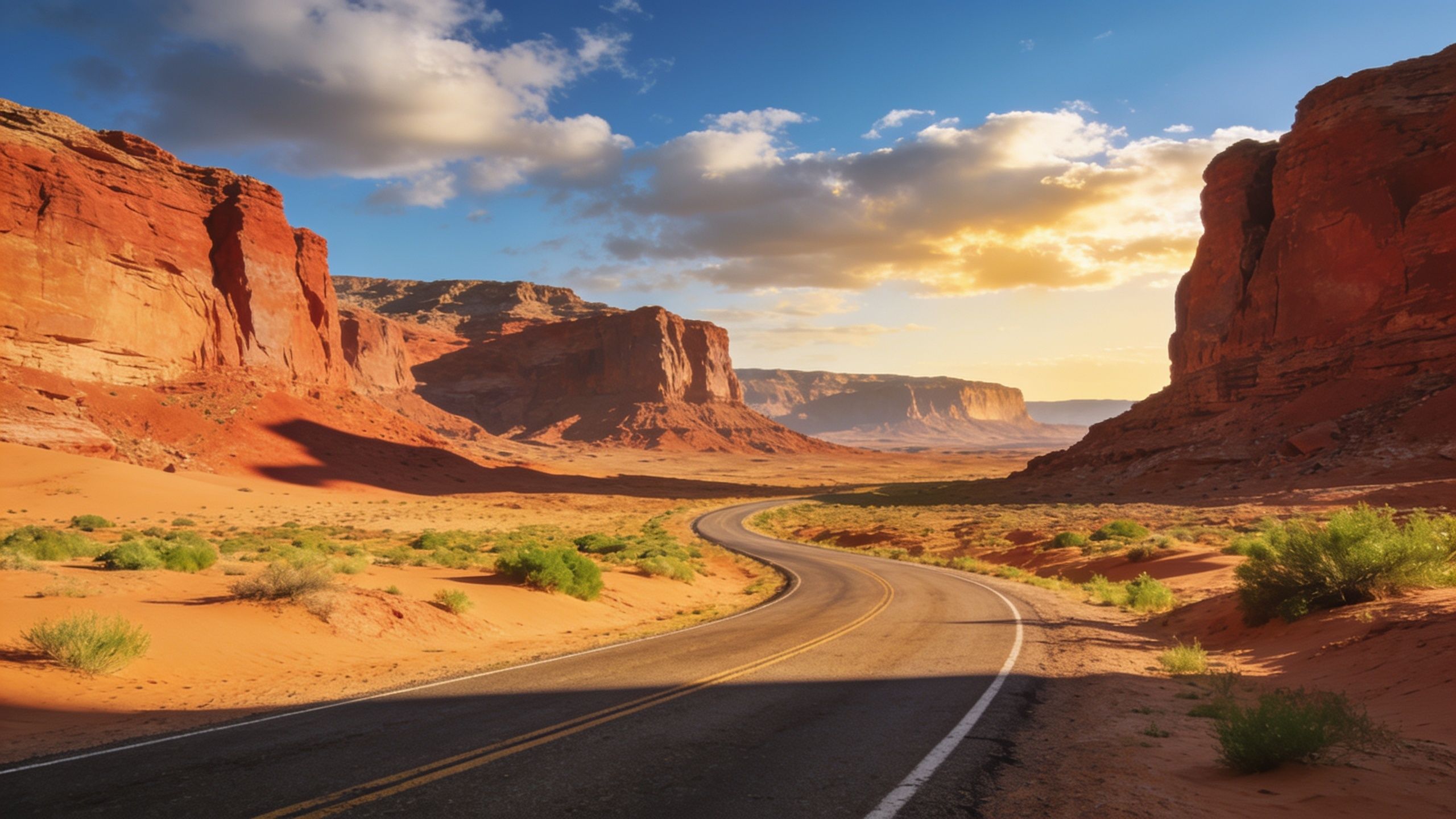 A winding road stretches through a vast desert landscape, flanked by towering red rock formations under a vibrant sunset sky, creating a serene and majestic atmosphere.