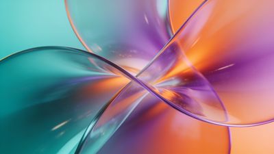 A vibrant abstract wallpaper featuring intertwined glass-like curves in shades of teal, orange, and purple, creating a dynamic and fluid visual effect. The setting is ethereal and modern, evoking a sense of elegance and movement.