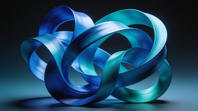 A dynamic and elegant abstract design featuring intertwining blue ribbons with varying shades of blue and teal, set against a dark gradient background, creating a sense of fluidity and sophistication.