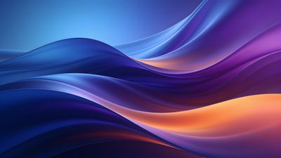 A dynamic abstract wallpaper featuring flowing waves in vibrant shades of blue and orange, creating a sense of movement and energy against a smooth, gradient backdrop.