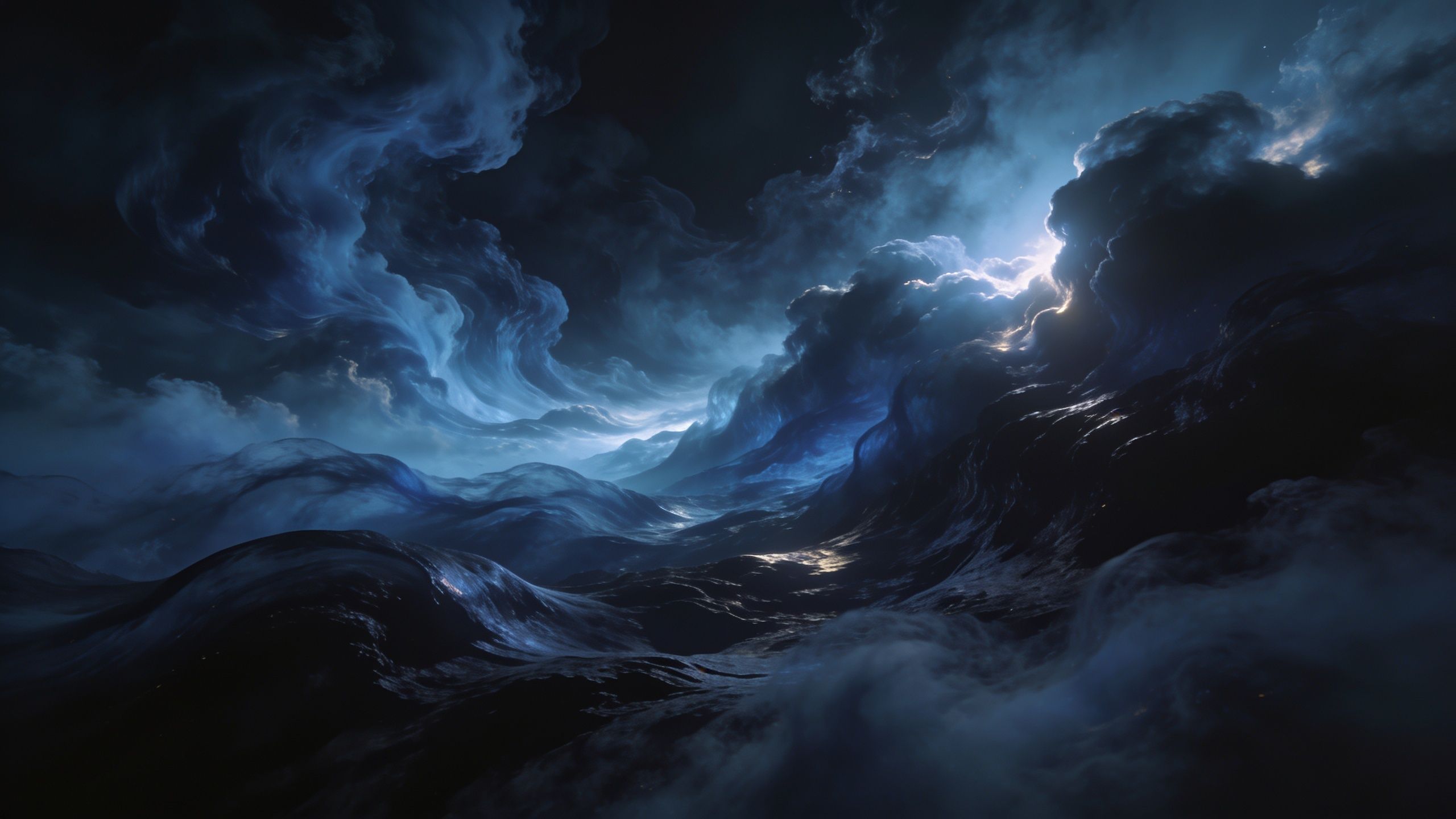 A mystical night sky filled with swirling, luminous clouds creates an ethereal and otherworldly atmosphere, with shades of blue and white illuminating the dark horizon. The scene evokes a sense of wonder and tranquility, as if gazing into a dreamlike celestial landscape.