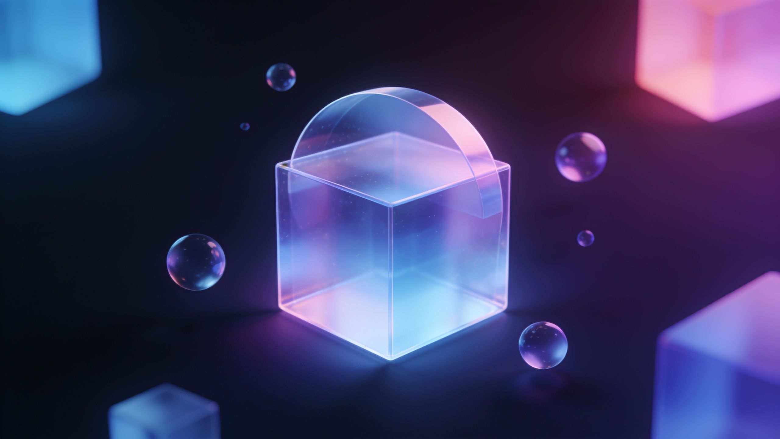 A glowing, transparent cube with a neon pink and blue gradient is surrounded by floating spheres against a dark background, creating a futuristic and ethereal atmosphere.