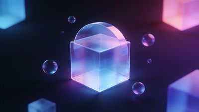 A glowing, transparent cube with a neon pink and blue gradient is surrounded by floating spheres against a dark background, creating a futuristic and ethereal atmosphere.