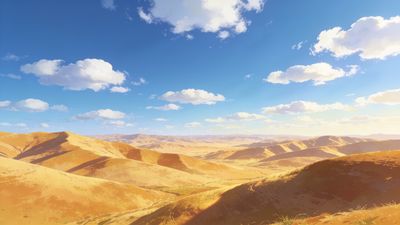 Golden desert hills stretch across the landscape under a vibrant blue sky dotted with fluffy white clouds, creating a serene and expansive mood.