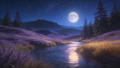 A tranquil river winds through a valley filled with lavender under a starry night sky, illuminated by a bright full moon, creating a serene and peaceful atmosphere.