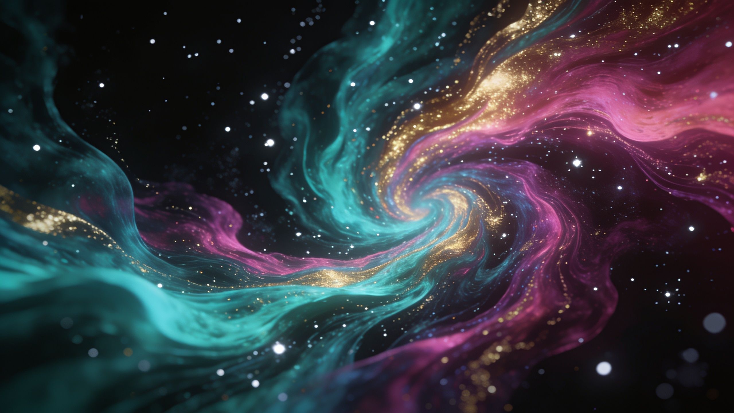 A vibrant cosmic swirl of teal, pink, and gold hues spirals through a starry black space, creating a mystical and enchanting atmosphere.