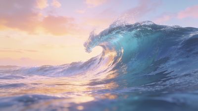 A vibrant ocean wave curls gracefully under a soft, pastel-colored sunset sky, creating a serene and majestic atmosphere. The interplay of light and water captures the dynamic beauty of nature's dance.