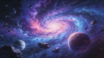 A vibrant cosmic swirl of pink, purple, and blue hues dominates the scene, surrounded by distant stars and planets, creating a mesmerizing and otherworldly atmosphere. The presence of asteroids adds depth and movement to this celestial setting.